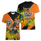 Wests Tigers Women V-Neck T-Shirt Golden Wattle Floral Polynesian - Australian Flower - Rugby Mascot