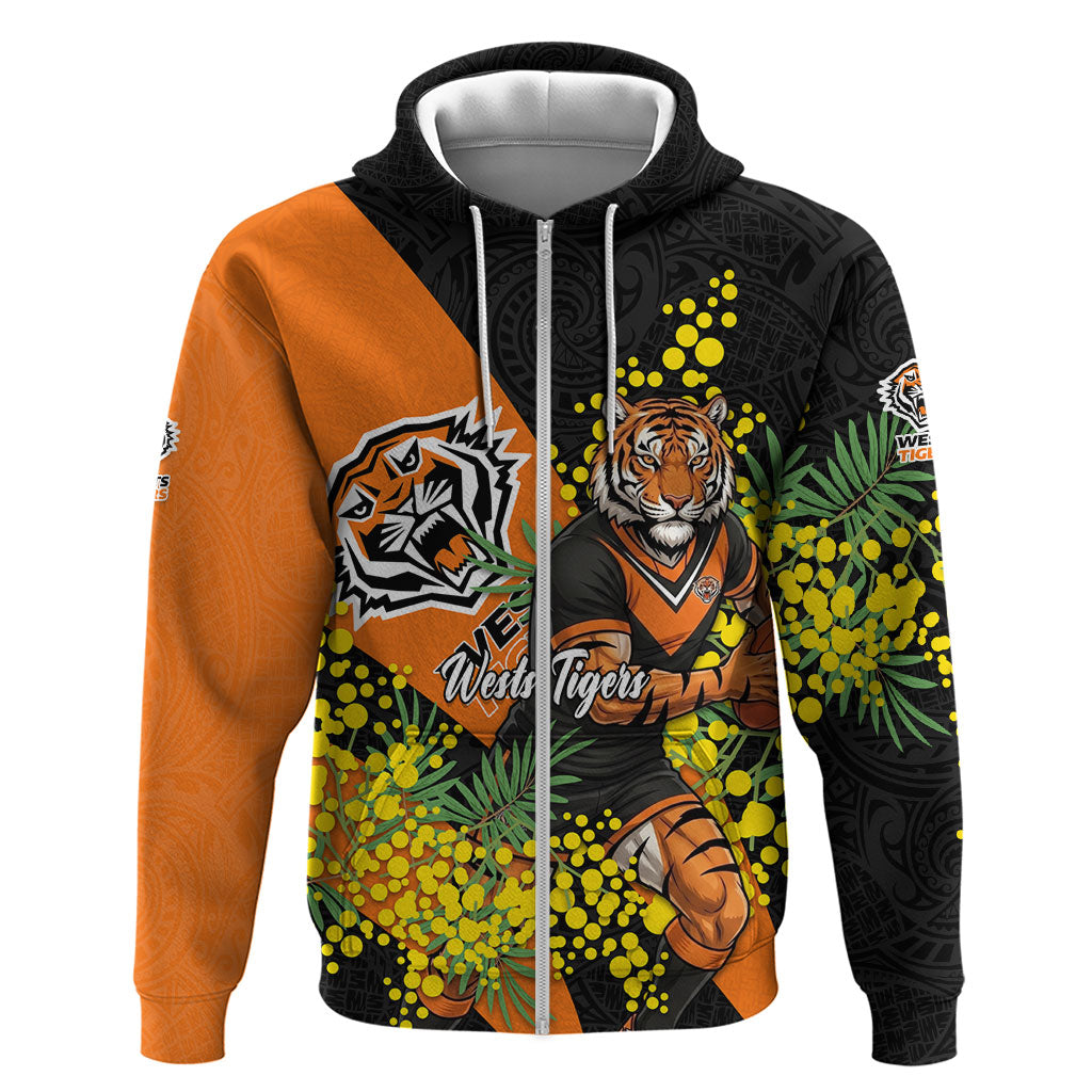Wests Tigers Zip Hoodie Golden Wattle Floral Polynesian - Australian Flower - Rugby Mascot
