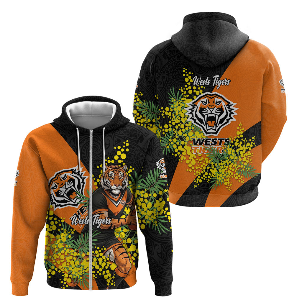 Wests Tigers Zip Hoodie Golden Wattle Floral Polynesian - Australian Flower - Rugby Mascot