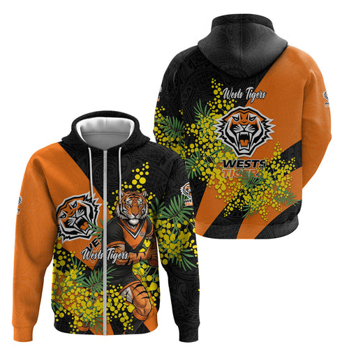 Wests Tigers Zip Hoodie Golden Wattle Floral Polynesian - Australian Flower - Rugby Mascot