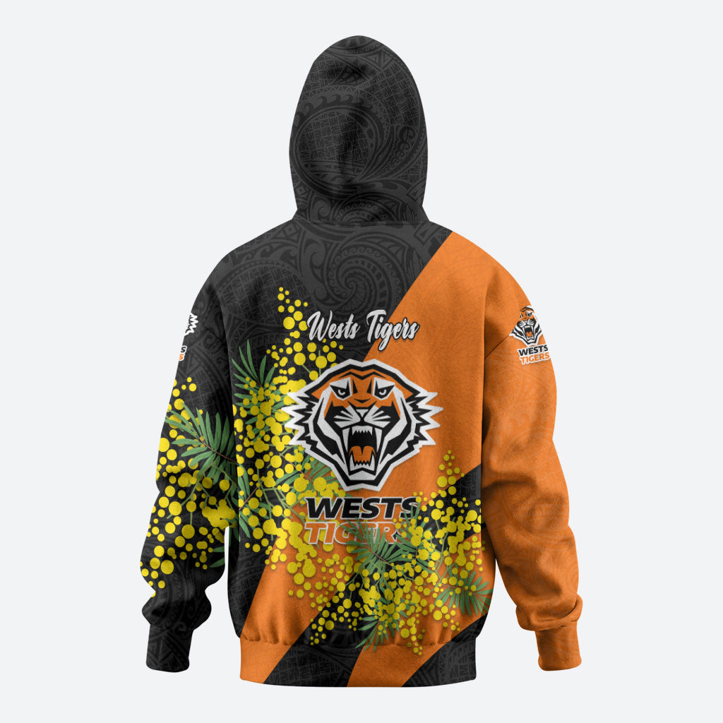 Wests Tigers Zip Hoodie Golden Wattle Floral Polynesian - Australian Flower - Rugby Mascot