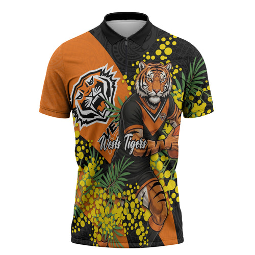 Wests Tigers Zipper Polo Shirt Golden Wattle Floral Polynesian - Australian Flower - Rugby Mascot