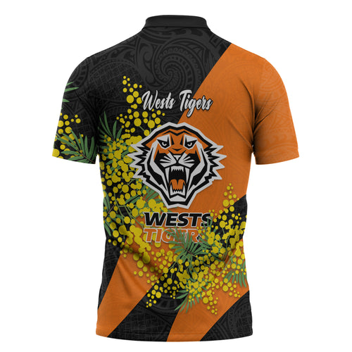 Wests Tigers Zipper Polo Shirt Golden Wattle Floral Polynesian - Australian Flower - Rugby Mascot