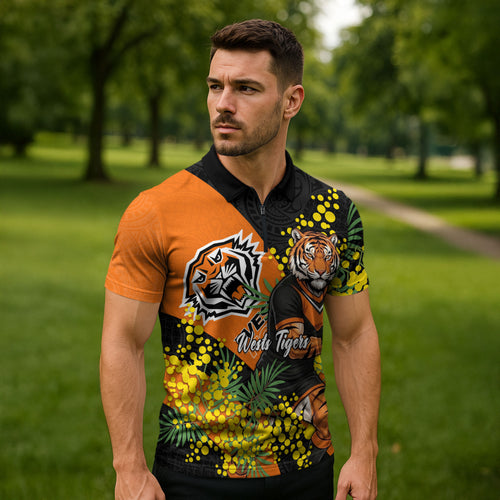 Wests Tigers Zipper Polo Shirt Golden Wattle Floral Polynesian - Australian Flower - Rugby Mascot