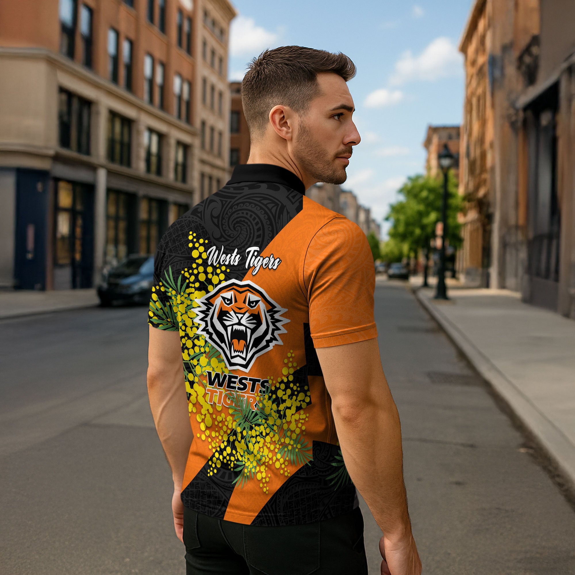 Wests Tigers Zipper Polo Shirt Golden Wattle Floral Polynesian - Australian Flower - Rugby Mascot