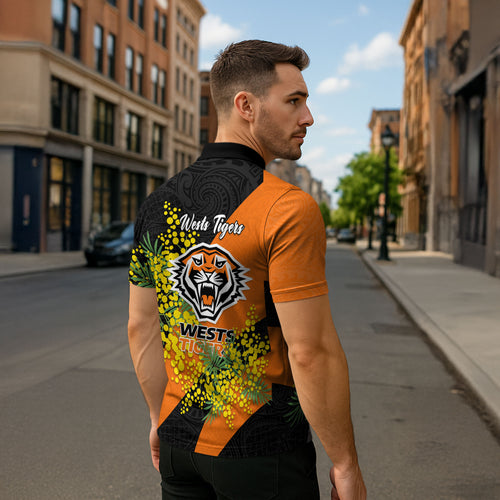 Wests Tigers Zipper Polo Shirt Golden Wattle Floral Polynesian - Australian Flower - Rugby Mascot