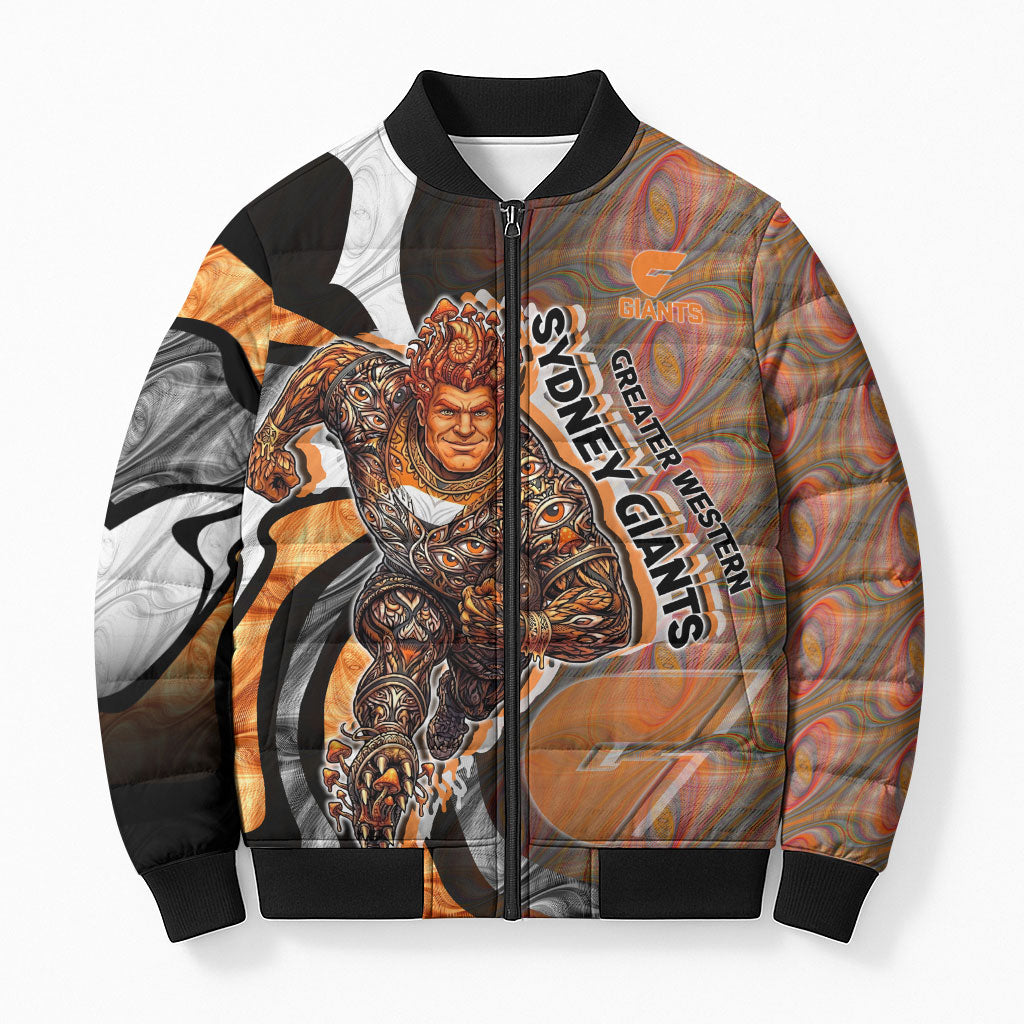 Personalised Greater Western Sydney Giants Bomber Puffer Jacket Trippy Psychedelic Abstract Art Mascot Football Fans