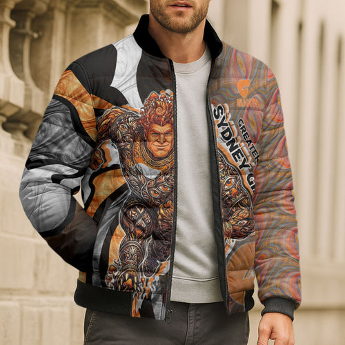 Personalised Greater Western Sydney Giants Bomber Puffer Jacket Trippy Psychedelic Abstract Art Mascot Football Fans