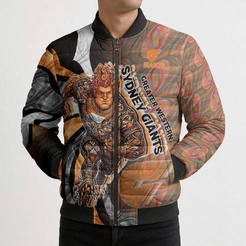 Personalised Greater Western Sydney Giants Bomber Puffer Jacket Trippy Psychedelic Abstract Art Mascot Football Fans