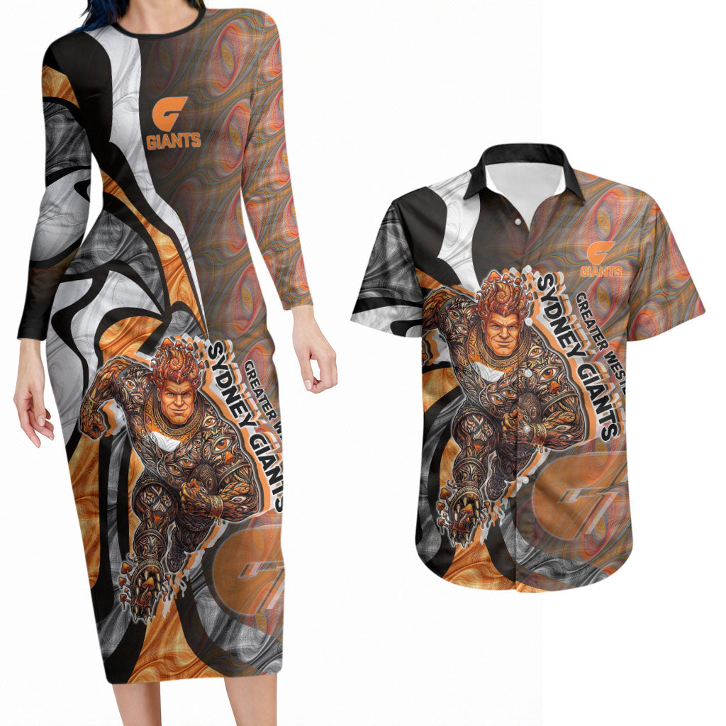 Personalised Greater Western Sydney Giants Couples Matching Long Sleeve Bodycon Dress and Hawaiian Shirt Trippy Psychedelic Abstract Art Mascot Football Fans