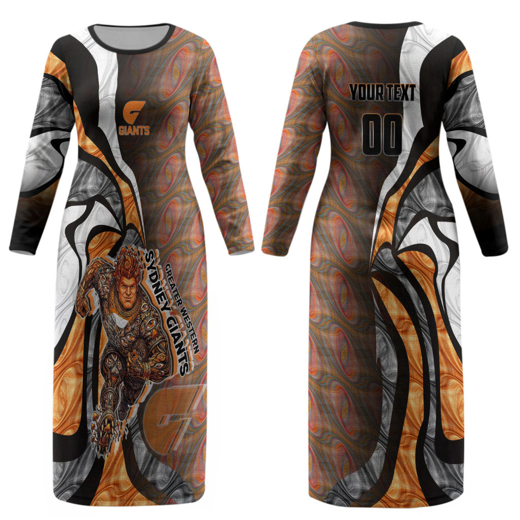 Personalised Greater Western Sydney Giants Couples Matching Long Sleeve Bodycon Dress and Hawaiian Shirt Trippy Psychedelic Abstract Art Mascot Football Fans