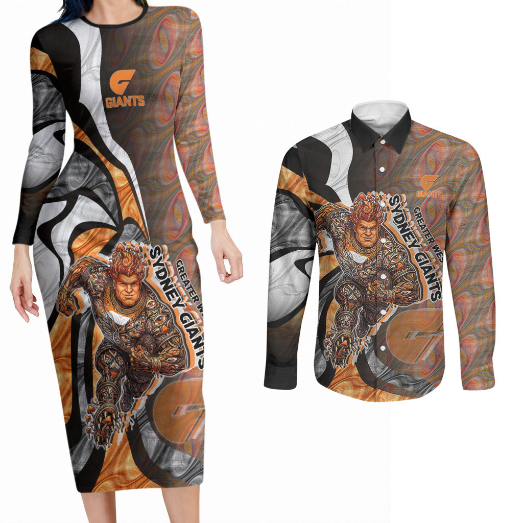 Personalised Greater Western Sydney Giants Couples Matching Long Sleeve Bodycon Dress and Long Sleeve Button Shirt Trippy Psychedelic Abstract Art Mascot Football Fans