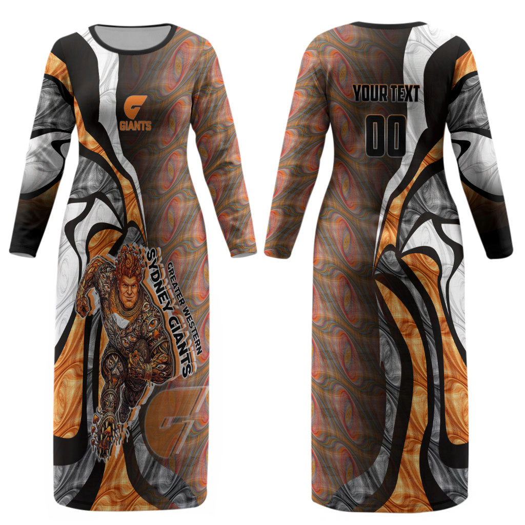 Personalised Greater Western Sydney Giants Couples Matching Long Sleeve Bodycon Dress and Long Sleeve Button Shirt Trippy Psychedelic Abstract Art Mascot Football Fans