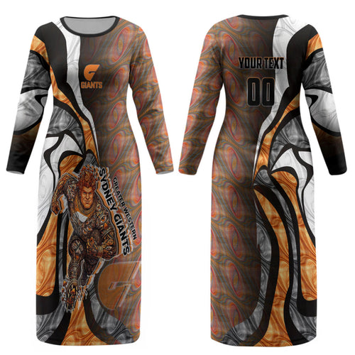 Personalised Greater Western Sydney Giants Couples Matching Long Sleeve Bodycon Dress and Long Sleeve Button Shirt Trippy Psychedelic Abstract Art Mascot Football Fans