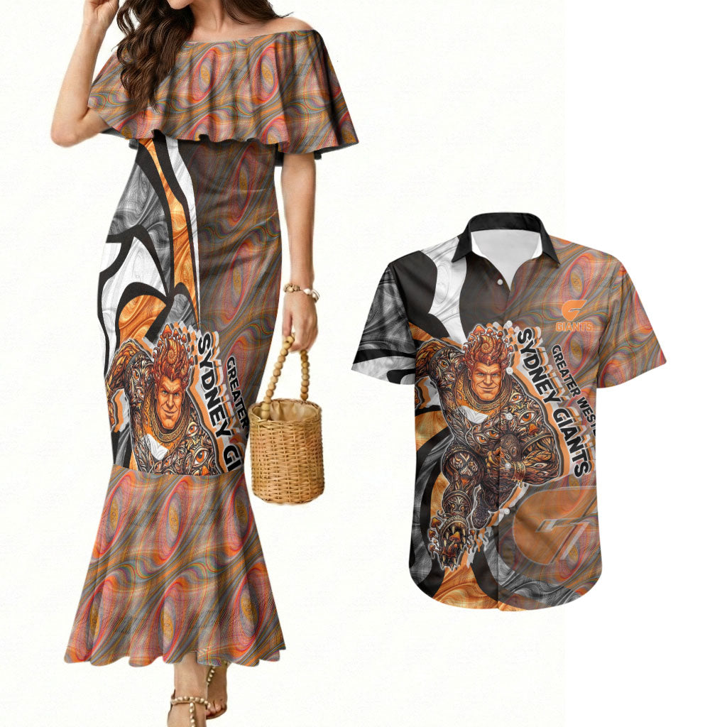Personalised Greater Western Sydney Giants Couples Matching Mermaid Dress and Hawaiian Shirt Trippy Psychedelic Abstract Art Mascot Football Fans