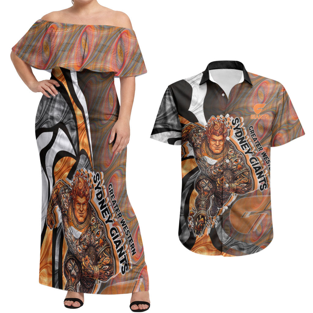 Personalised Greater Western Sydney Giants Couples Matching Off Shoulder Maxi Dress and Hawaiian Shirt Trippy Psychedelic Abstract Art Mascot Football Fans
