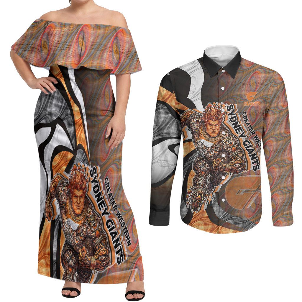 Personalised Greater Western Sydney Giants Couples Matching Off Shoulder Maxi Dress and Long Sleeve Button Shirt Trippy Psychedelic Abstract Art Mascot Football Fans