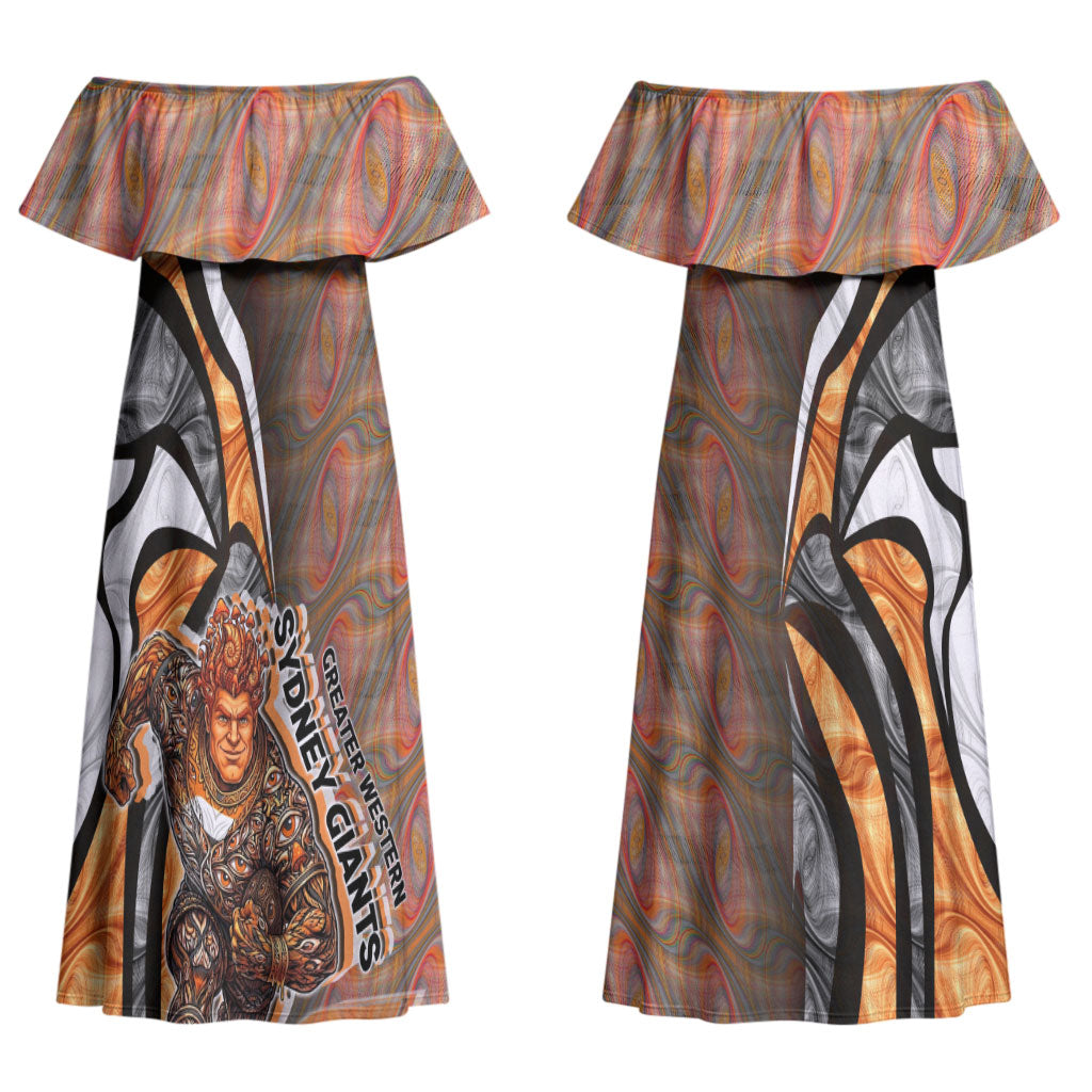 Personalised Greater Western Sydney Giants Couples Matching Off Shoulder Maxi Dress and Long Sleeve Button Shirt Trippy Psychedelic Abstract Art Mascot Football Fans