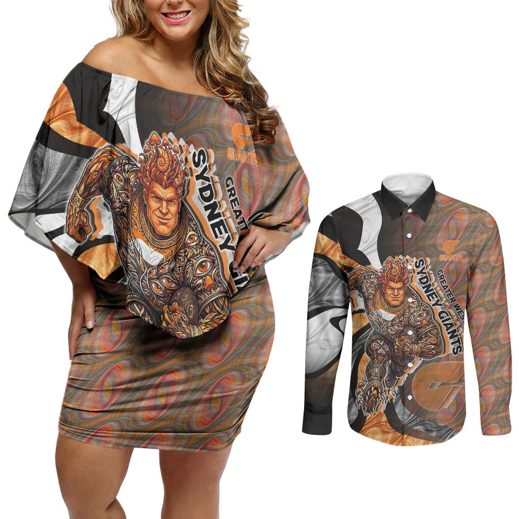 Personalised Greater Western Sydney Giants Couples Matching Off Shoulder Short Dress and Long Sleeve Button Shirt Trippy Psychedelic Abstract Art Mascot Football Fans