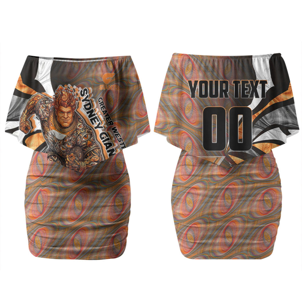 Personalised Greater Western Sydney Giants Couples Matching Off Shoulder Short Dress and Long Sleeve Button Shirt Trippy Psychedelic Abstract Art Mascot Football Fans