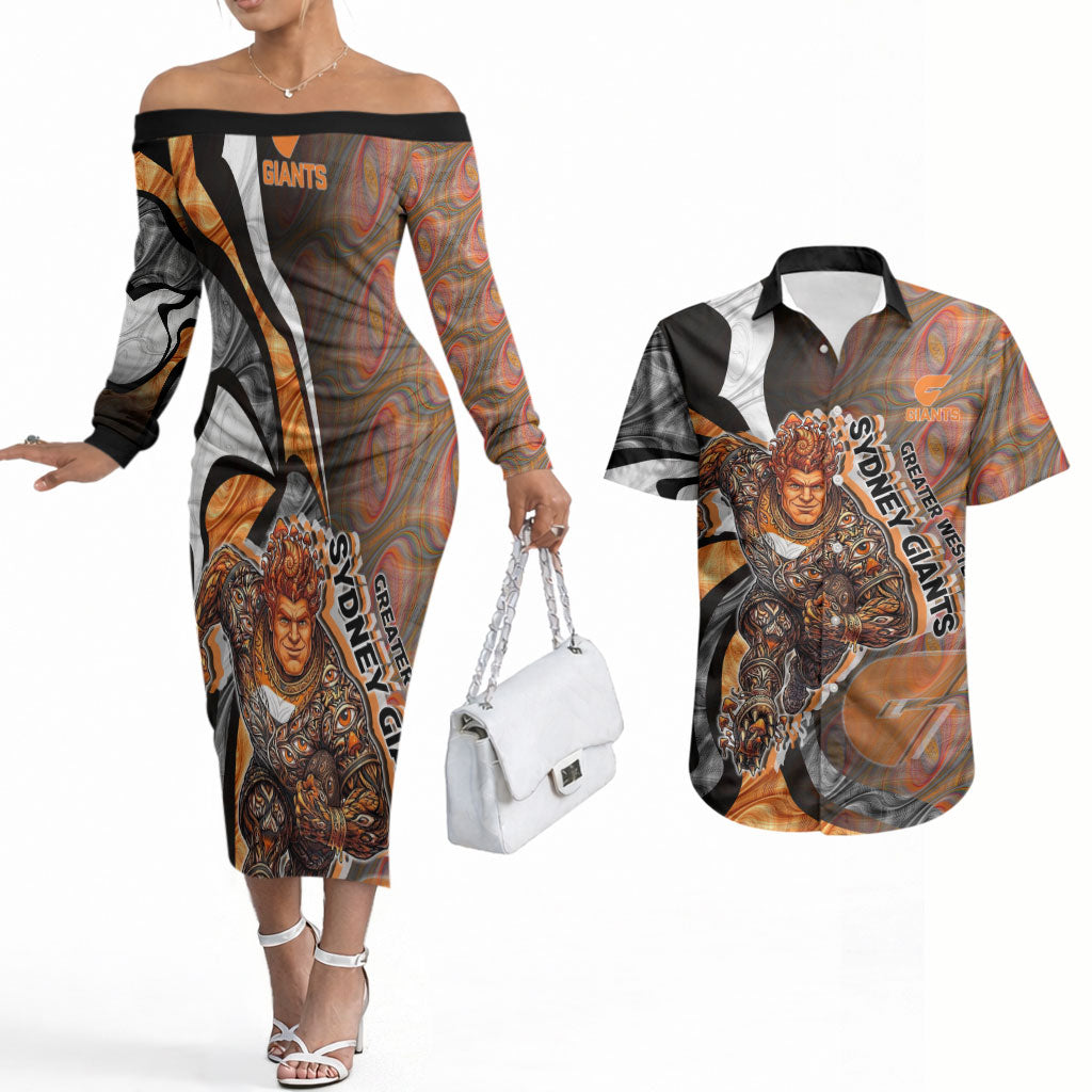 Personalised Greater Western Sydney Giants Couples Matching Off The Shoulder Long Sleeve Dress and Hawaiian Shirt Trippy Psychedelic Abstract Art Mascot Football Fans