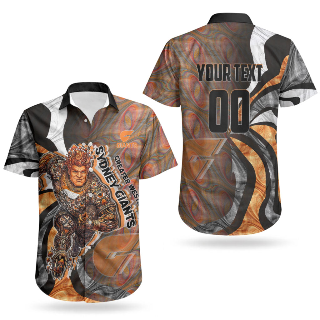 Personalised Greater Western Sydney Giants Couples Matching Off The Shoulder Long Sleeve Dress and Hawaiian Shirt Trippy Psychedelic Abstract Art Mascot Football Fans