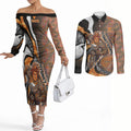 Personalised Greater Western Sydney Giants Couples Matching Off The Shoulder Long Sleeve Dress and Long Sleeve Button Shirt Trippy Psychedelic Abstract Art Mascot Football Fans
