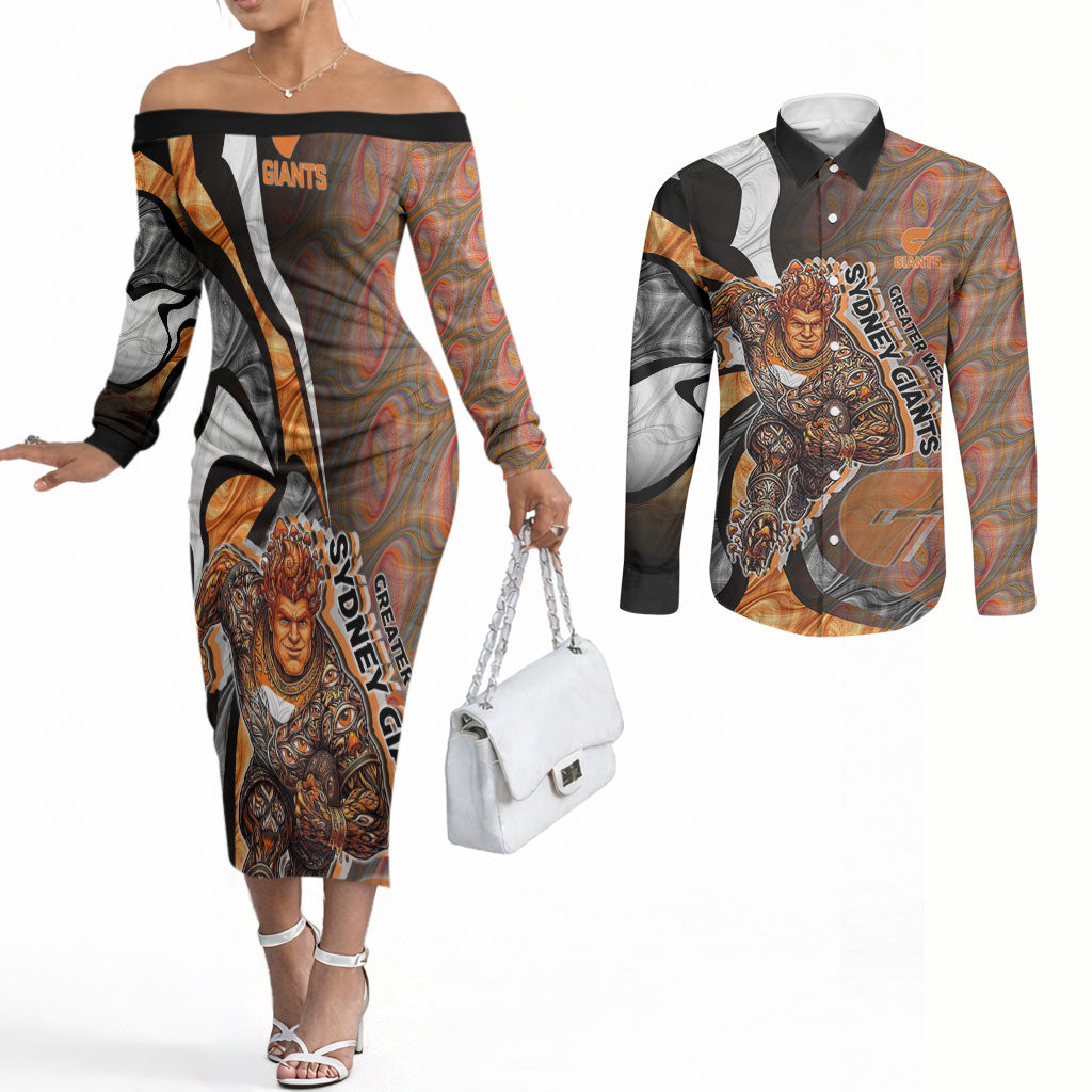 Personalised Greater Western Sydney Giants Couples Matching Off The Shoulder Long Sleeve Dress and Long Sleeve Button Shirt Trippy Psychedelic Abstract Art Mascot Football Fans