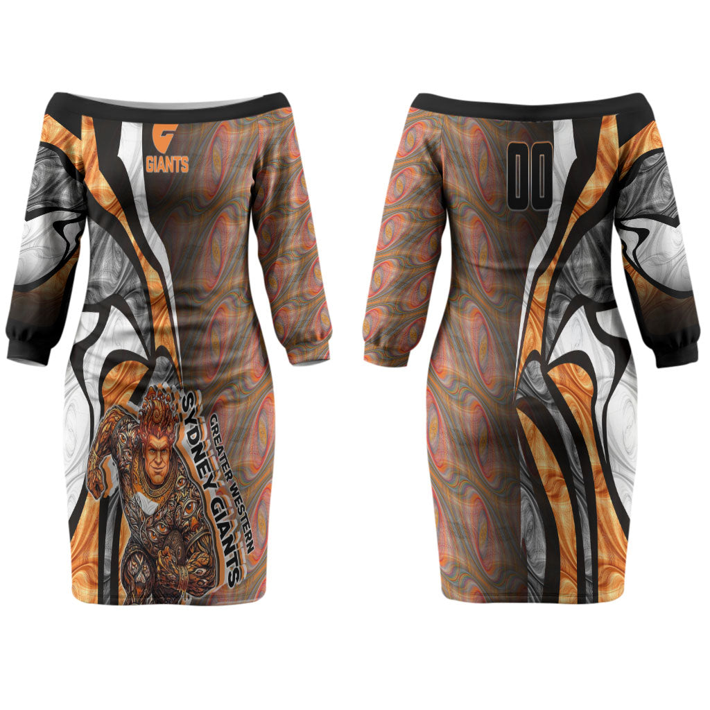Personalised Greater Western Sydney Giants Couples Matching Off The Shoulder Long Sleeve Dress and Long Sleeve Button Shirt Trippy Psychedelic Abstract Art Mascot Football Fans