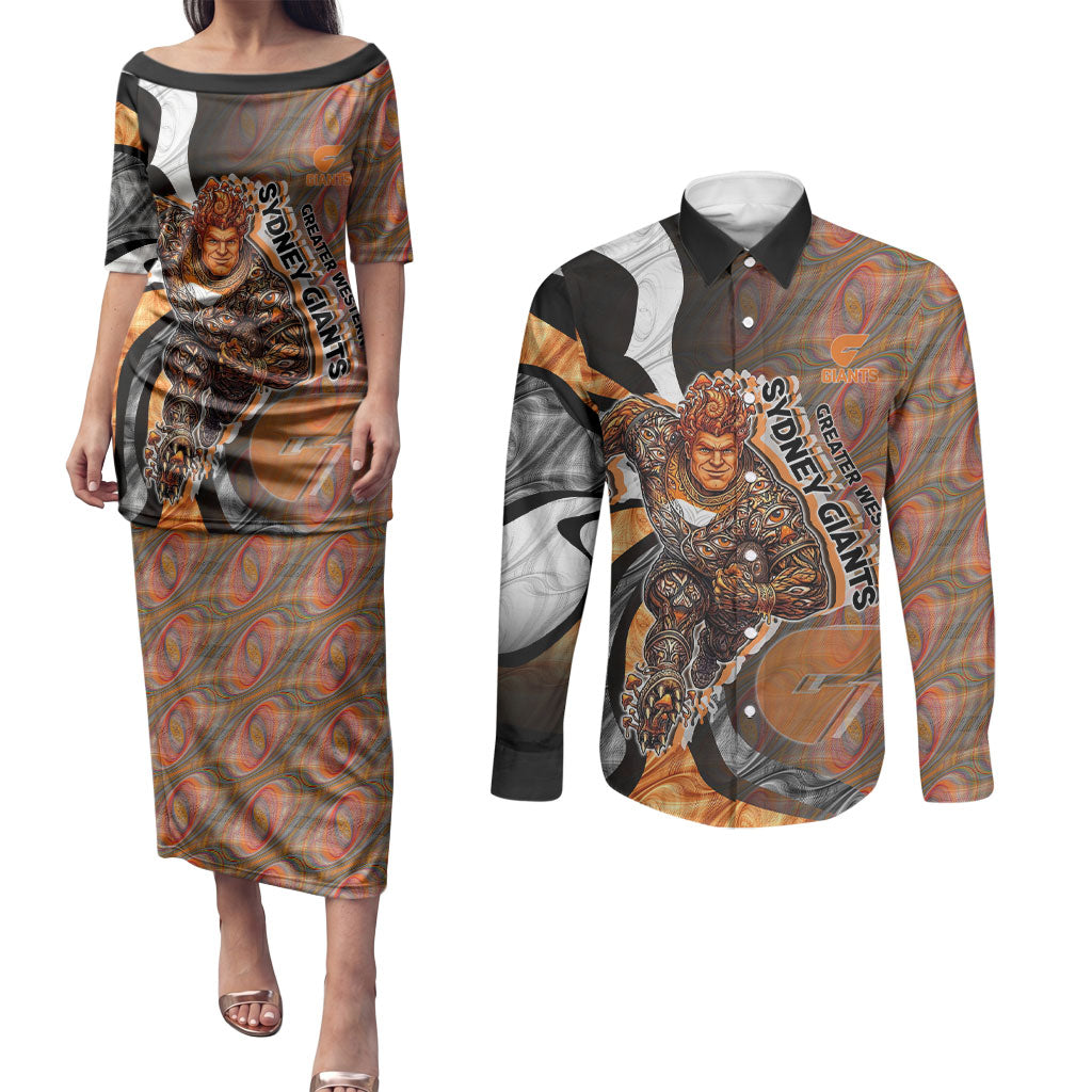 Personalised Greater Western Sydney Giants Couples Matching Puletasi and Long Sleeve Button Shirt Trippy Psychedelic Abstract Art Mascot Football Fans