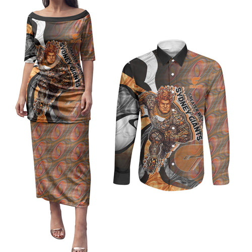 Personalised Greater Western Sydney Giants Couples Matching Puletasi and Long Sleeve Button Shirt Trippy Psychedelic Abstract Art Mascot Football Fans