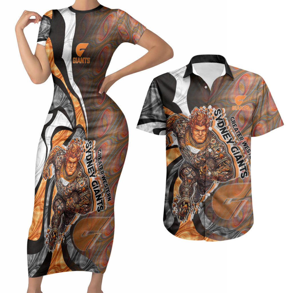Personalised Greater Western Sydney Giants Couples Matching Short Sleeve Bodycon Dress and Hawaiian Shirt Trippy Psychedelic Abstract Art Mascot Football Fans
