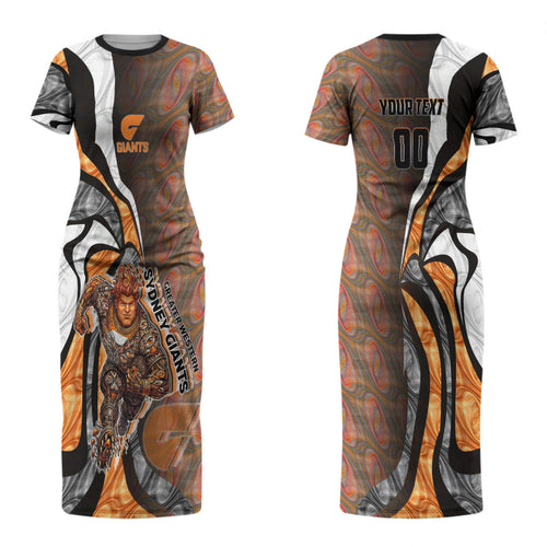 Personalised Greater Western Sydney Giants Couples Matching Short Sleeve Bodycon Dress and Hawaiian Shirt Trippy Psychedelic Abstract Art Mascot Football Fans