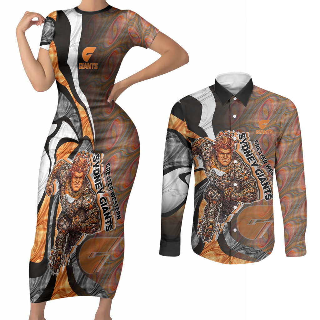 Personalised Greater Western Sydney Giants Couples Matching Short Sleeve Bodycon Dress and Long Sleeve Button Shirt Trippy Psychedelic Abstract Art Mascot Football Fans