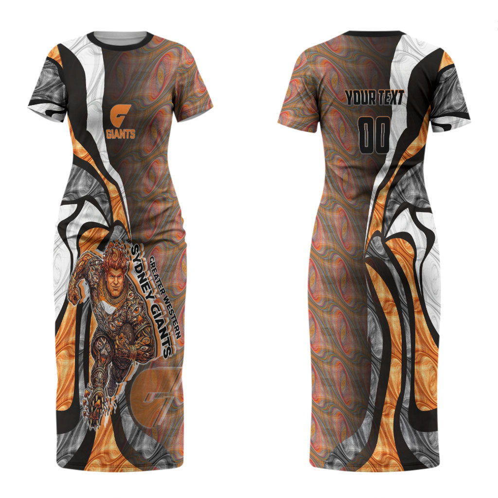 Personalised Greater Western Sydney Giants Couples Matching Short Sleeve Bodycon Dress and Long Sleeve Button Shirt Trippy Psychedelic Abstract Art Mascot Football Fans