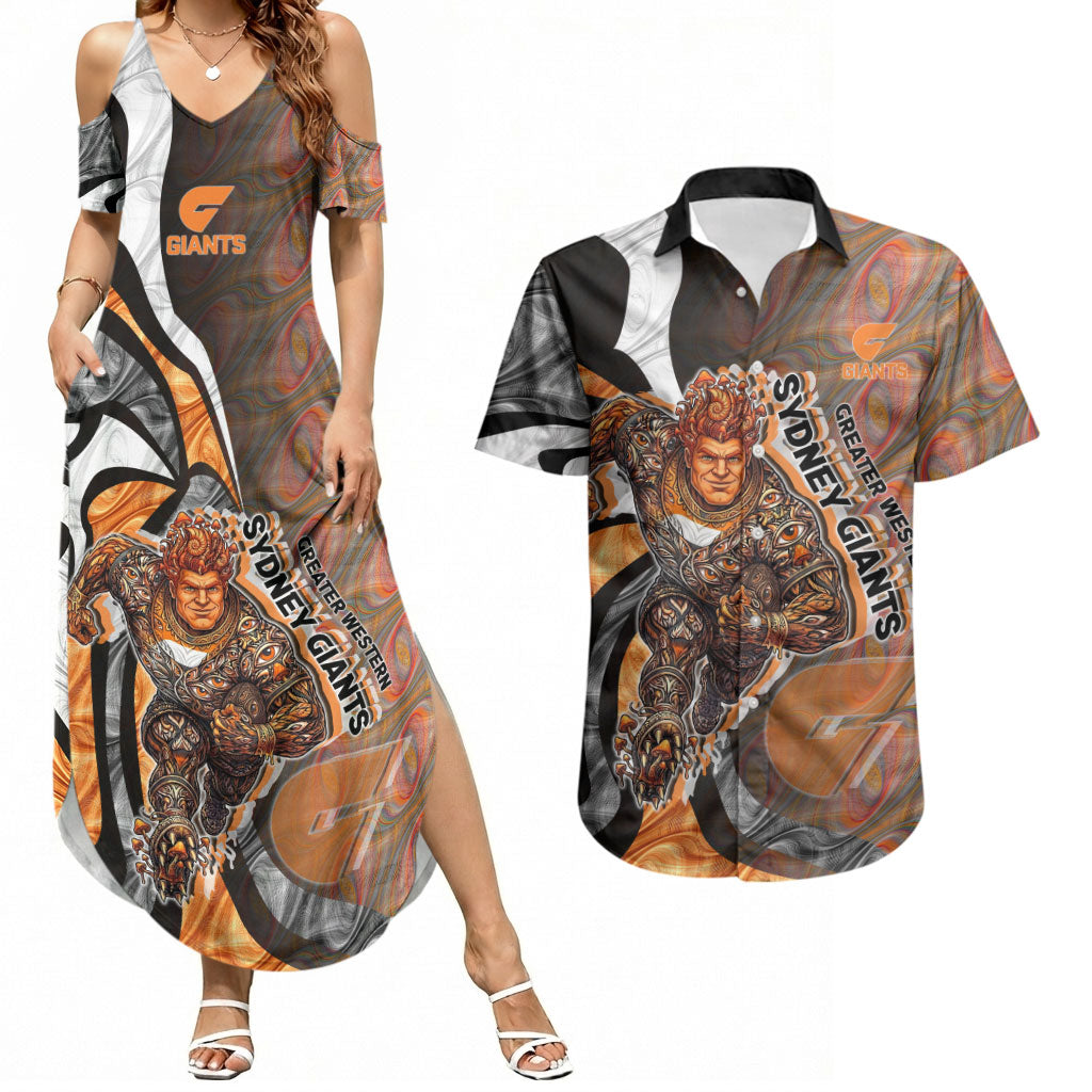 Personalised Greater Western Sydney Giants Couples Matching Summer Maxi Dress and Hawaiian Shirt Trippy Psychedelic Abstract Art Mascot Football Fans
