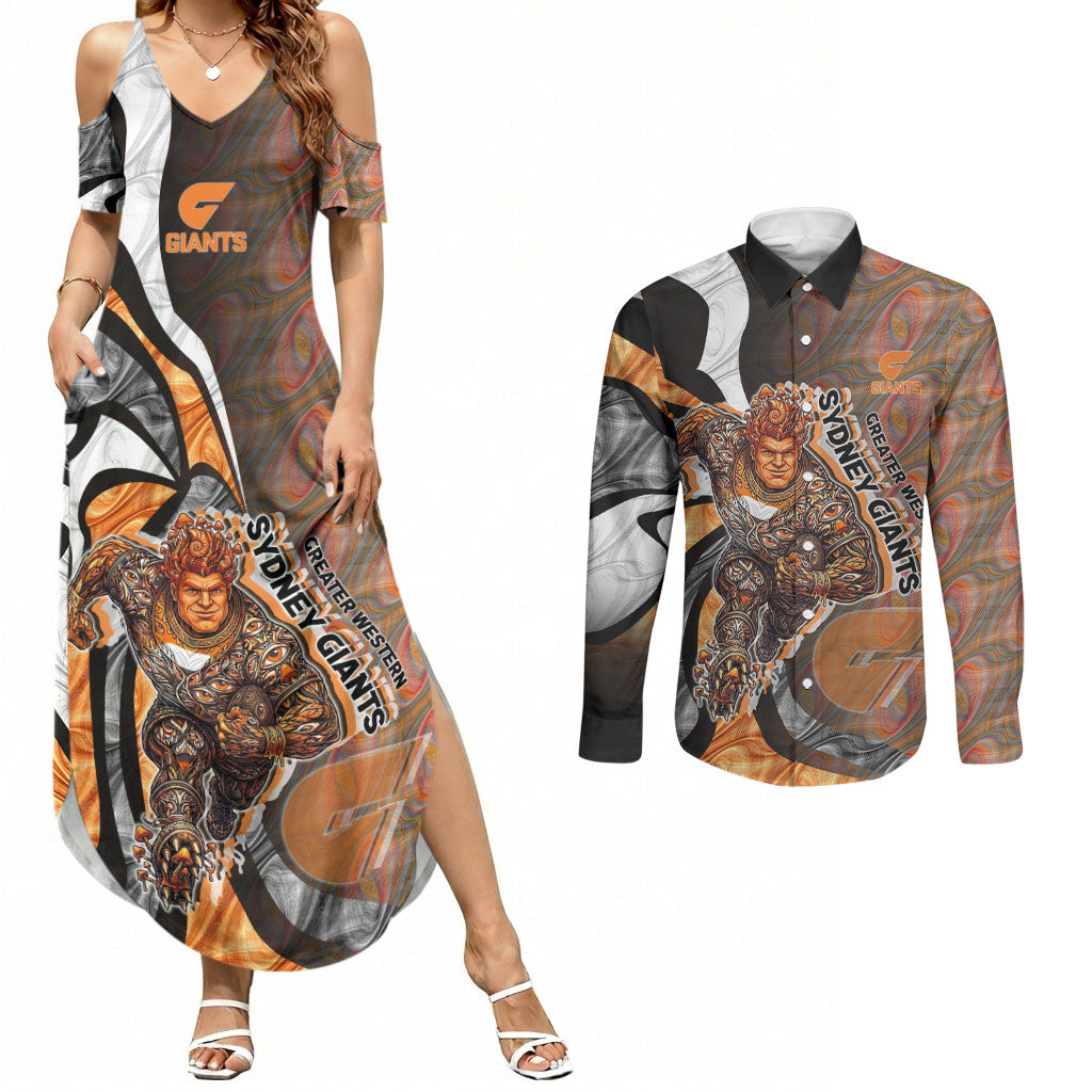 Personalised Greater Western Sydney Giants Couples Matching Summer Maxi Dress and Long Sleeve Button Shirt Trippy Psychedelic Abstract Art Mascot Football Fans