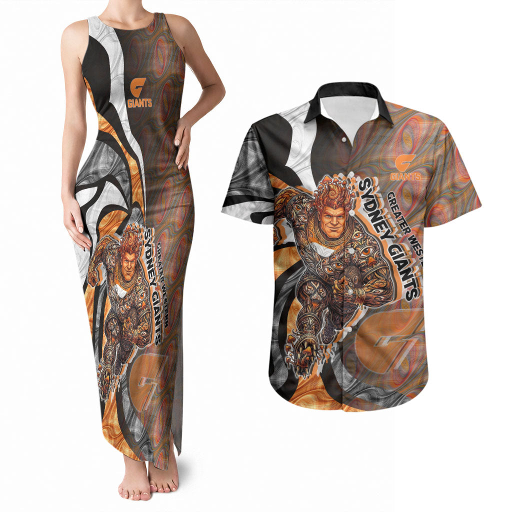 Personalised Greater Western Sydney Giants Couples Matching Tank Maxi Dress and Hawaiian Shirt Trippy Psychedelic Abstract Art Mascot Football Fans