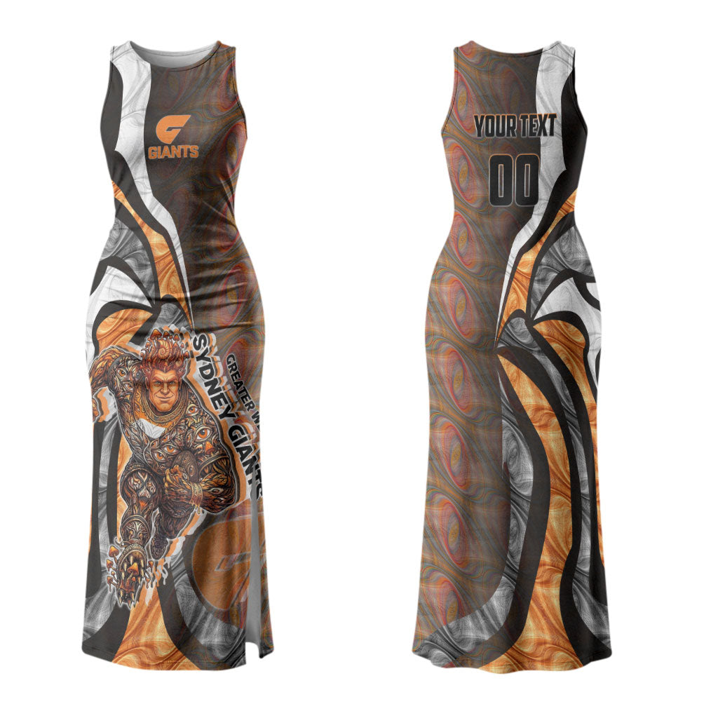 Personalised Greater Western Sydney Giants Couples Matching Tank Maxi Dress and Hawaiian Shirt Trippy Psychedelic Abstract Art Mascot Football Fans
