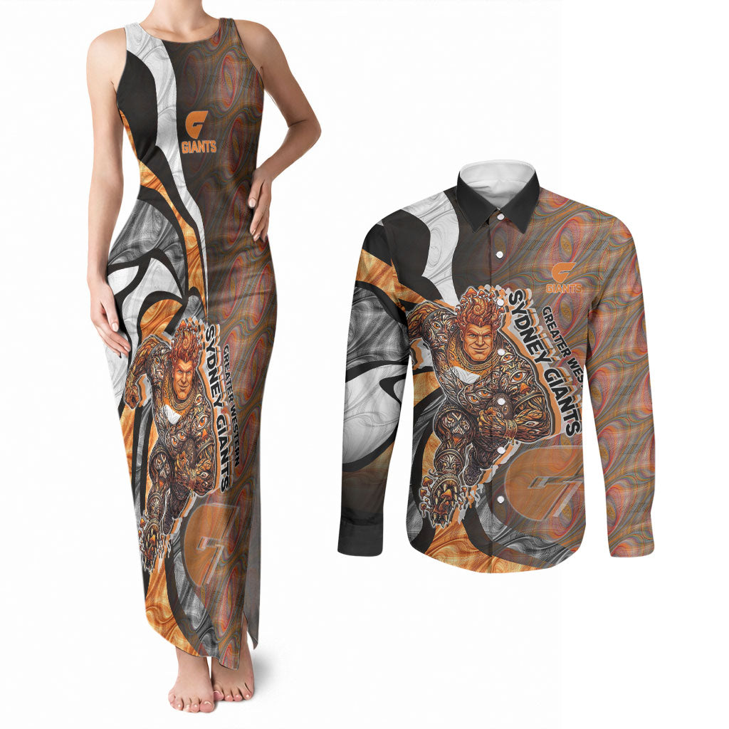 Personalised Greater Western Sydney Giants Couples Matching Tank Maxi Dress and Long Sleeve Button Shirt Trippy Psychedelic Abstract Art Mascot Football Fans