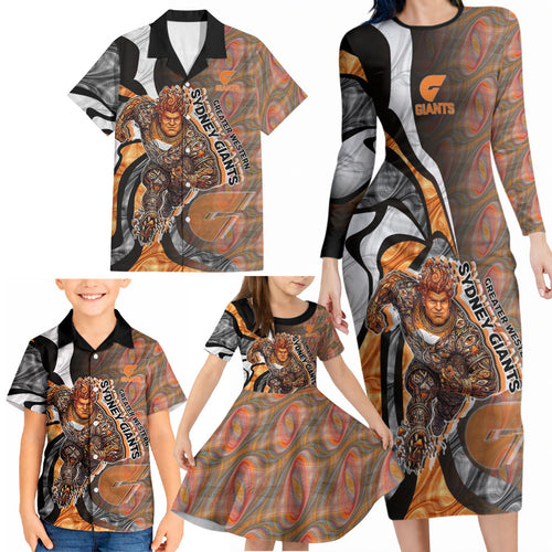 Personalised Greater Western Sydney Giants Family Matching Long Sleeve Bodycon Dress and Hawaiian Shirt Trippy Psychedelic Abstract Art Mascot Football Fans