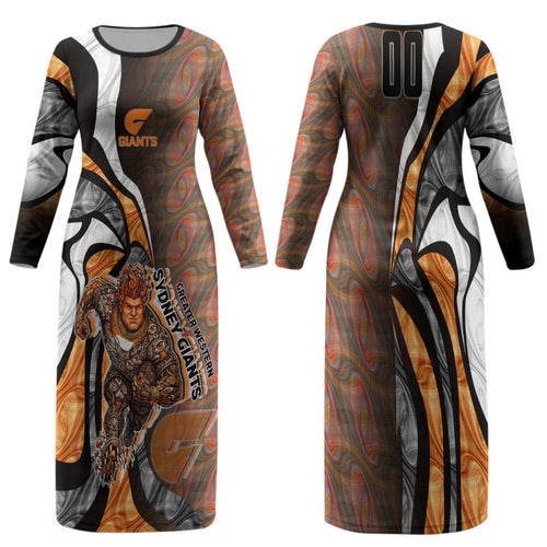 Personalised Greater Western Sydney Giants Family Matching Long Sleeve Bodycon Dress and Hawaiian Shirt Trippy Psychedelic Abstract Art Mascot Football Fans