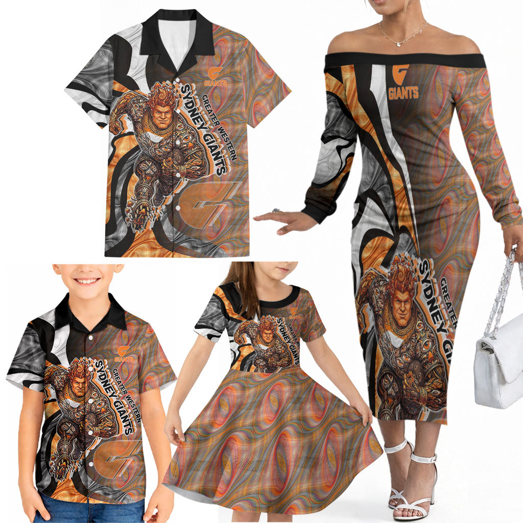 Personalised Greater Western Sydney Giants Family Matching Off The Shoulder Long Sleeve Dress and Hawaiian Shirt Trippy Psychedelic Abstract Art Mascot Football Fans
