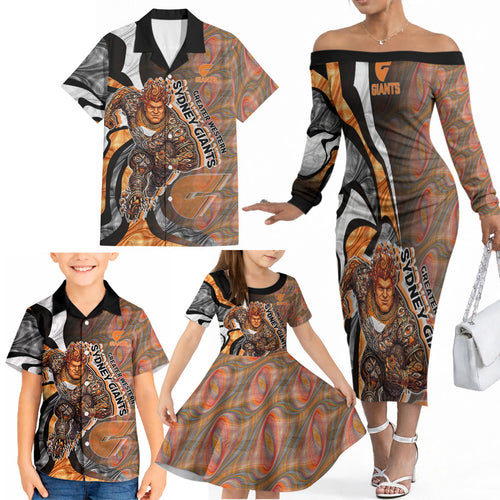 Personalised Greater Western Sydney Giants Family Matching Off The Shoulder Long Sleeve Dress and Hawaiian Shirt Trippy Psychedelic Abstract Art Mascot Football Fans