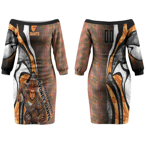 Personalised Greater Western Sydney Giants Family Matching Off The Shoulder Long Sleeve Dress and Hawaiian Shirt Trippy Psychedelic Abstract Art Mascot Football Fans