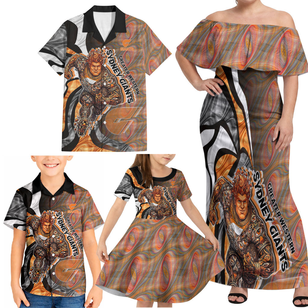 Personalised Greater Western Sydney Giants Family Matching Off Shoulder Maxi Dress and Hawaiian Shirt Trippy Psychedelic Abstract Art Mascot Football Fans