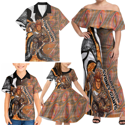 Personalised Greater Western Sydney Giants Family Matching Off Shoulder Maxi Dress and Hawaiian Shirt Trippy Psychedelic Abstract Art Mascot Football Fans