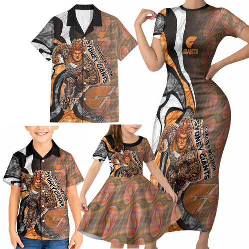 Personalised Greater Western Sydney Giants Family Matching Short Sleeve Bodycon Dress and Hawaiian Shirt Trippy Psychedelic Abstract Art Mascot Football Fans