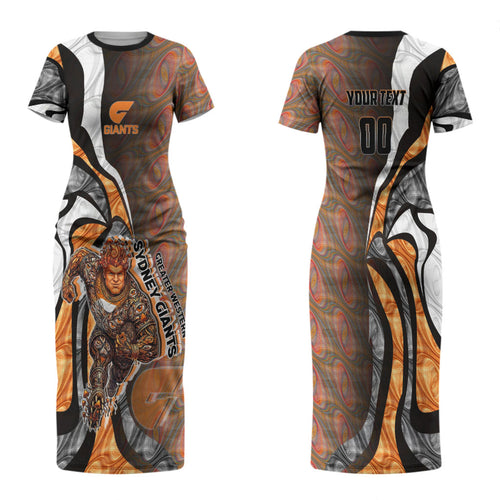 Personalised Greater Western Sydney Giants Family Matching Short Sleeve Bodycon Dress and Hawaiian Shirt Trippy Psychedelic Abstract Art Mascot Football Fans