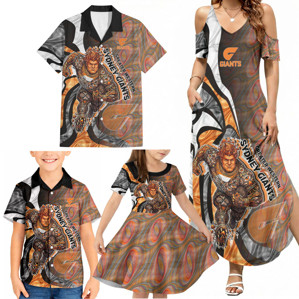 Personalised Greater Western Sydney Giants Family Matching Summer Maxi Dress and Hawaiian Shirt Trippy Psychedelic Abstract Art Mascot Football Fans